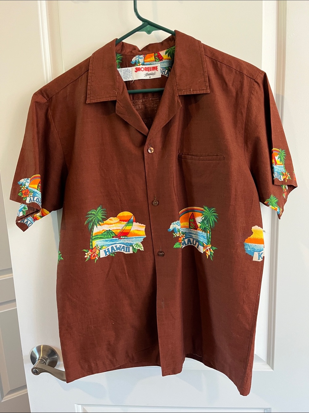 Vintage Shoreline Brown Hawaiian Print Short-Sleeve Button Shirt 100% Cotton